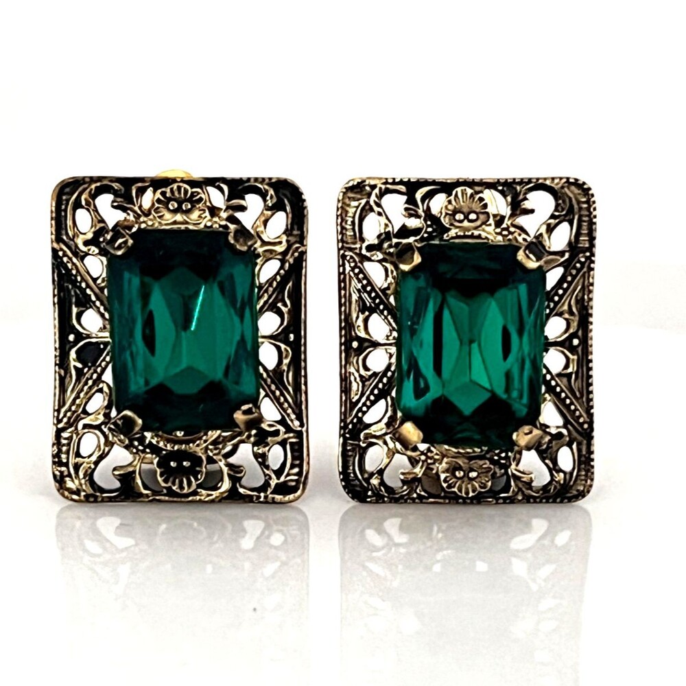 Vintage 1950s Clip Earrings Art Deco Revival Green Czech Glass Mid Century - 4W